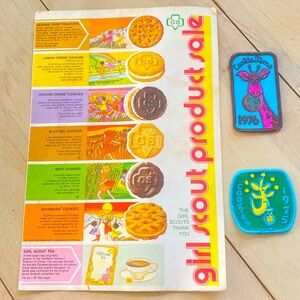 Vintage Girl Scout cookie badges and brochure from 1975 and 1976
